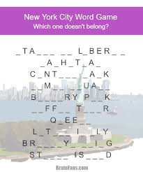 Fill in the missing letters in words at enchantedlearning.com. Brain Teaser Picture Logic Puzzle New York City Word Game In This Brain Teaser Fill In The Missi Brain Teasers Math Logic Puzzles Brain Teasers Pictures