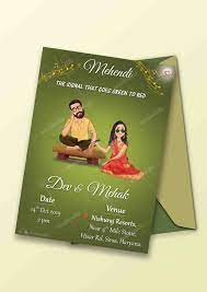 Caricature Mehendi Card Wedding Invitation Card Design Cartoon Wedding Invitations Marriage Invitation Card