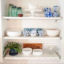Classic White Modern Farmhouse Kitchen With Open Shelves Shiplap And Subway Tiles Navy And Open Shelving Modern Farmhouse Kitchens Kitchen With Open Shelves