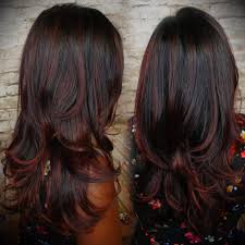 Jet black hair with highlights. Layered Black Waves With Muted Cherry Highlights Hair Color For Black Hair Black Hair With Highlights Hair Highlights