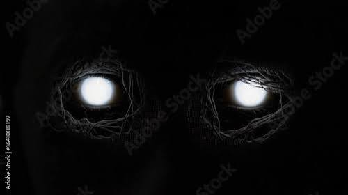 Creepy white eyes glow in the dark. Mysterious creature in a hood. Horror,  mysticism, Halloween.