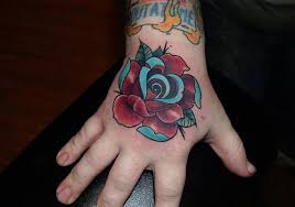Rose Tattoo Mix Of Red And Blue Rose Hand Tattoo Traditional Rose Tattoos Hand Tattoos