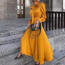 Voir plus d'idées sur le thème tenue, mode, mode africaine robe. Robe Elegante En Satin Jaune A Manches Longues Pour Femme Tenue Maxi Chic A La Mode Collection Automne Aliexpress