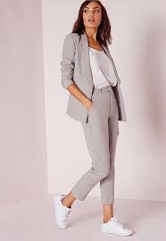 Grey Trousers And Blazer Business Casual Attire White Top And Sneakers Work Outfits Women Work Outfit Office Work Outfit