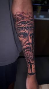 Jesus Tattoo done in one session. #michigantattooartist  #detroittattooartist #blackandgreytattoo #blackandgreytattooartist  #realismtattoo #halfsleevetattoo #sleevefiller #forearmtattoo #jesustattoo  ...