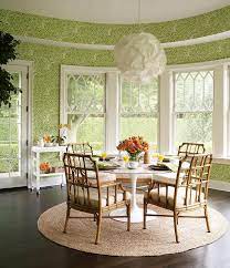 Finding the perfect carpet can often be difficult and expensive, while creating your own carpet from a piece of carpet can eliminate. Round Green Dining Room With Rattan Dining Chairs Transitional Dining Room