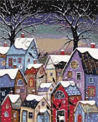 Village At 9pm By Karla Gerard Cross Stitch Kit Yiotas Xstitch Folk Art Painting Christmas Art Whimsical Art