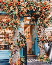 Blaues Cafe Mit Leuchtend Orangefarbenen Bluten Wo Ist Das Travel Destina 2019 Blaues Cafe Mit Leuchtend Orange Blue Cafe Flower Aesthetic Orange Flowers