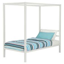 The curved metal frame is reminiscent of modern industrial style. Twin Size White Metal Platform Canopy Bed Frame No Box Spring Necessary