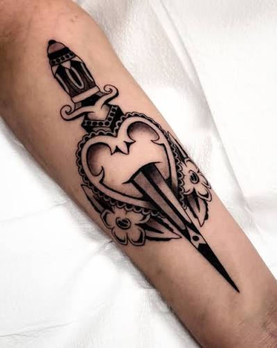 dagger through the heart. made @lastmatchtattoo. swipe for latest proof of life #portlandtattooartist #pdxtattoo #daggertattoo