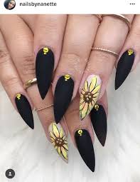 Everyone Jealous Coffin Shaped Black Sunflower Acrylic Nails Black Sunflower Nails Sunflower Nails Cute Nails Nail Designs