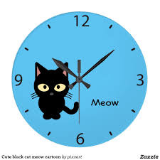 Big Black Cat Yellow Eyes Cute Black Cat Meow Cartoon Large Clock Zazzle Com Cute Black Cats Black Cat Cats Meow