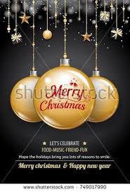 Merry Christmas Party And Gold Ball On Dark Background Invitation Theme Concept Happy Holiday Greeting Banner And Card Design Template