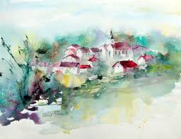 Village De France Avec Maisons Aux Toits Rouge Et Eglise Paysage De France A L Aquarelle Peinture Aquarelle Originale Decor Mural In 2020 Original Watercolor Painting Countryside Paintings Painting