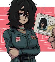 doobermcgoober, anya (mouthwashing), mouthwashing, absurdres, commentary,  english commentary, highres, 1girl, 1other, belt, black hair, blue  jumpsuit, breasts, brown eyes, character name, frown, heart, holding id  card, horseshoe, id card, jumpsuit ...