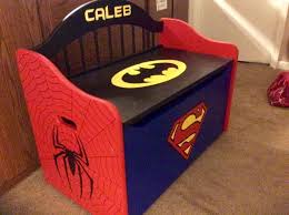 Super Hero Toy Box Hand Painted By Facebook Com Artbykatietucker Superhero Toy Box Boys Toy Box Painted Toy Boxes