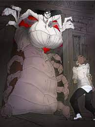 1boy 1girls alcina dimitrescu broken broken door frame cleavage  corsage ethan winters evil grin female grin hat huge breasts hyper breasts  large hands monster monster girl pale skin rabid