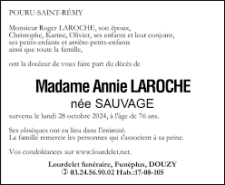 Décès de Madame Annie LAROCHE née SAUVAGE (28-10-24), Annonce nécrologique