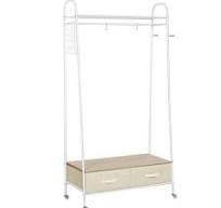 HOMCOM Suporte para Cabides de Metálico Cabideiro com Rodas Prateleira e 2  Gavetas para Organizar Roupas Bolsos 99x47x185cm Branco