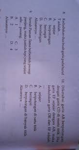 Kunci jawaban soal tema 4 kelas 6 sd/mi subtema 3 globalisasi dan cinta tanah air, tepatnya pada materi pembelajaran 2 di buku tematik siswa halaman 105 107 108 109 110 111. Matematika Kelas 4 Bab 10 Hal 130 Kedudukan Dua Garis Beserta Alasannya Brainly Co Id