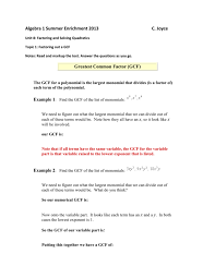 Which is the missing section? Factor Out The Gcf Mhs Joyce Algebra 1 Honors