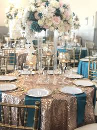 Rose gold is the ready color for cakes and wedding decor these days. Wedding Reception Rose Gold Wedding Decor Rose Gold Centerpieces Wedding Teal Wedding Decorations
