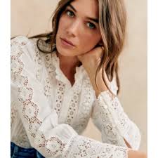 Sezane White (Ecru) Long-Sleeve Button Down Cotton Lace Blouse/Shirt sz S  Button Down Shirts