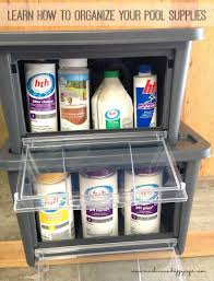 How To Organize Pool Supplies And Gear Can You Tell That Hth Pool Care Usa Is My Fave Brand Pool Supplies Pool Towel Storage Pool Storage