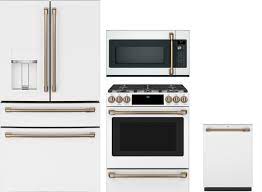 French door refrigerators have functional ice makers, water dispensers, led lighting, spacious interiors, and flexible storage options. Cafe Cafreradwmw983 4 Piece Kitchen Appliances Package With French Door Refrigerator Dual Fuel Range Dishwasher And Over The Range Microwave In Matte White