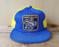 Michelin Man Tires Original Vintage 80s Trucker Hat Bibendum Character Yellow Mesh Snapback Baseball Cap Victory Caps Canada Promo Ballcap Michelin Man Trucker Hat Mesh Trucker Hat