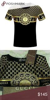Black And Gold Design Shirt Gucci Black Gold Shirt Medium Gucci Black Shirt With Gold Encrusted Emblematic Lettering That Features A Luxuri Black And Gold Shirt Clothes Design Gucci Black