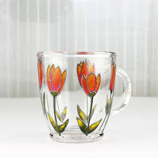 Beautiful Glass Mug With Tulips Design Painted With Green Pink And Orange Glass Paint A Lovely Glass Painting Glass Painting Patterns Glass Painting Designs