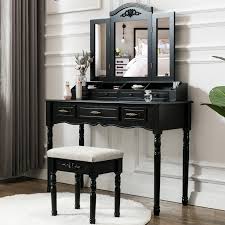 Vanity desk and mirror construction material: Vanity Makeup Dressing Table Set Folding Mirror Desk Dresser W Stool Wood Black Vanity Patterer Vanities Makeup Tables