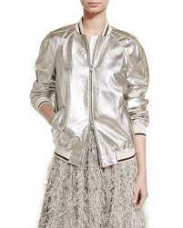 Brunello Cucinelli Striped Trim Leather Bomber Jacket Silver Leather Bomber Jacket White Bomber Jacket Real Leather Jacket