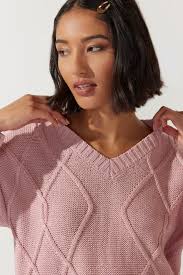 Francesca's Maeve Cable Knit V-Neck Pullover Sweater