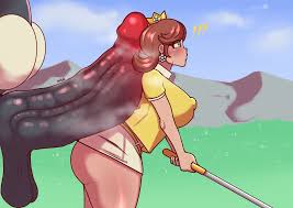 dedalo, king bob-omb, princess daisy, mario (series), mario golf, mario  golf: super rush, nintendo, clothes, absurdres, highres, !, !!, 1boy,  1girl, ass, blue eyes, blush, breasts, brown hair, covered erect nipples,  crown,