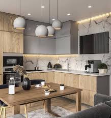 The designers made flat panel cabinets with frosted glass paired with natural wood with matches the flooring! Unbeatable Two Tone Kitchen Cabinets Wood And White Kitchencabinets Twotone Kitc Contemporary Kitchen Cabinets Modern Kitchen Interiors Kitchen Room Design
