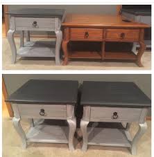 I didn't even have to sand my table before painting since it had a rough finish so that cut another step out of the process. Refinished End Tables Used Gray Chalk Paint On The Bottom Charcoal Chalk Paint On The Painting Wood Furniture Refinished End Tables Chalk Paint Coffee Table