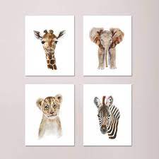 Amazon Com Set Of 4 Safari Nursery Prints Baby Animal Watercolor Portrait Gender Neutral Nursery Art Baby Room Decor Elephant Giraffe Lion And Zebra Selection Of Alternate Animals And Sizes Available