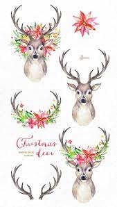 Christmas Deer Watercolor Deers Antlers Flowers Hand Etsy Christmas Deer Watercolor Deer Christmas Drawing