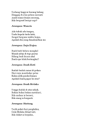 Pantun teka teki ini juga sejenis puisi kuno yang sampai sekarang masih sangat populer terdiri dari berbagai jenis dengan kata nasihat, sajak cinta, sajak rima dan banyak jenis yang lainnya. Contoh Pantun Teka Teki Dan Jawapan