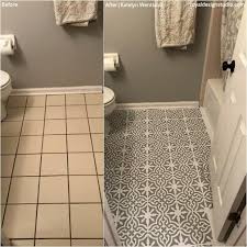 In the end i love the hex tile floor, but i won't be doing it again! Toledo Tile Stencil Brown Tile Bathroom Painted Bathroom Floors Floor Makeover