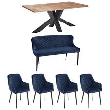 100+ years old wood origin: Riga 180cm Reclaimed Wood Dining Table Bronx Blue Bench 4 Bronx Blue Chairs