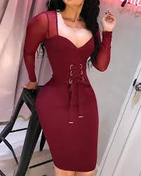 Mesh Sleeve Lace Up Waist Skinny Dress Skinny Dress Classy Dress Tight Dresses