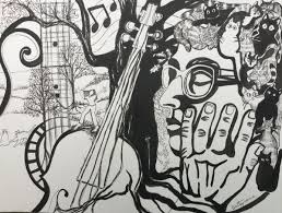 Black And White Music Artwork Life Music Art Music Cats Trees Fiddle Mandolin Drawing Ink Black And White Art Drawings Cubist