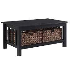 The bold wood side details accentuate a classic, transitional style that will complement the baskets rest on the cocktail table's lower shelf to keep your belongings off the floor. 40 Wood Storage Coffee Table In Black With Baskets C40mstbl