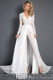 2018 Lace Chiffon Wedding Dress Jumpsuit With Train Modest V Neck Long Sleeve Beaded Belt Expensive Wedding Dress Backless Bridal Gowns Wedding Dress Jumpsuit