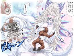 kinkuri (axsc8mjrt), king kong, shimo (monsterverse), skar king, suko  (monsterverse), godzilla (series), godzilla x kong: the new empire, king  kong (series), legendary pictures, monsterverse, reptile, reptilian, 1girl,  2boys, ape, between breasts, breasts,