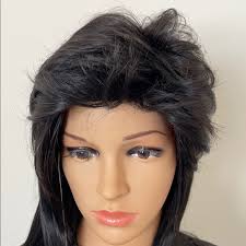 black wig natural shaggy layers puff 80's pure black Abba men women wig NWT  17”