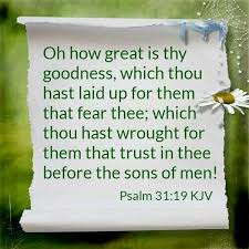 Psalm 31:19 "How great is your goodness, which you have stored up for those  who fear you. You lavish it on those who come to you for protection,  blessing them before the